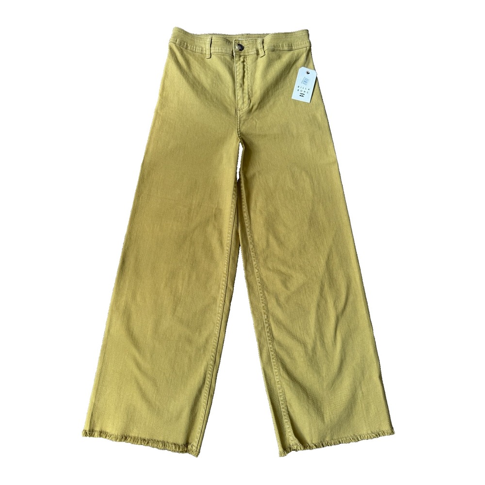 Billabong Womens Sz 29 Mustard Green Wide Leg Cropped Pants Raw Hem Cotton Blend